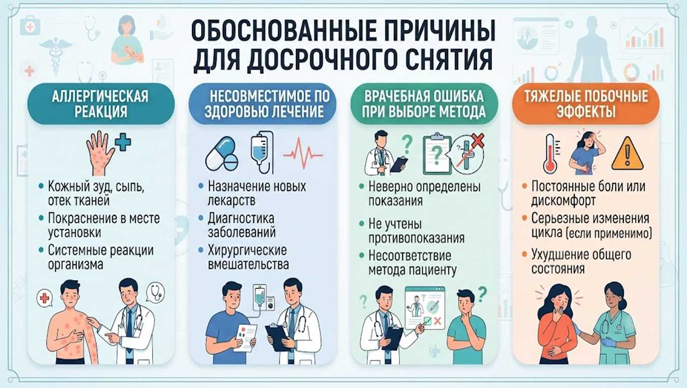 Инфографика: обоснованные причины для досрочного снятия: аллергическая реакция, несовместимое по здоровью лечение, врачебная ошибка при выборе метода и тяжёлые побочные эффекты.