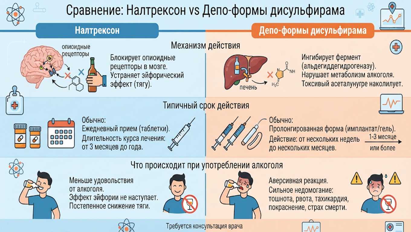 Инфографика: сравнение Налтрексона и депо-форм дисульфирама по механизму действия, сроку действия и эффекту при употреблении алкоголя.