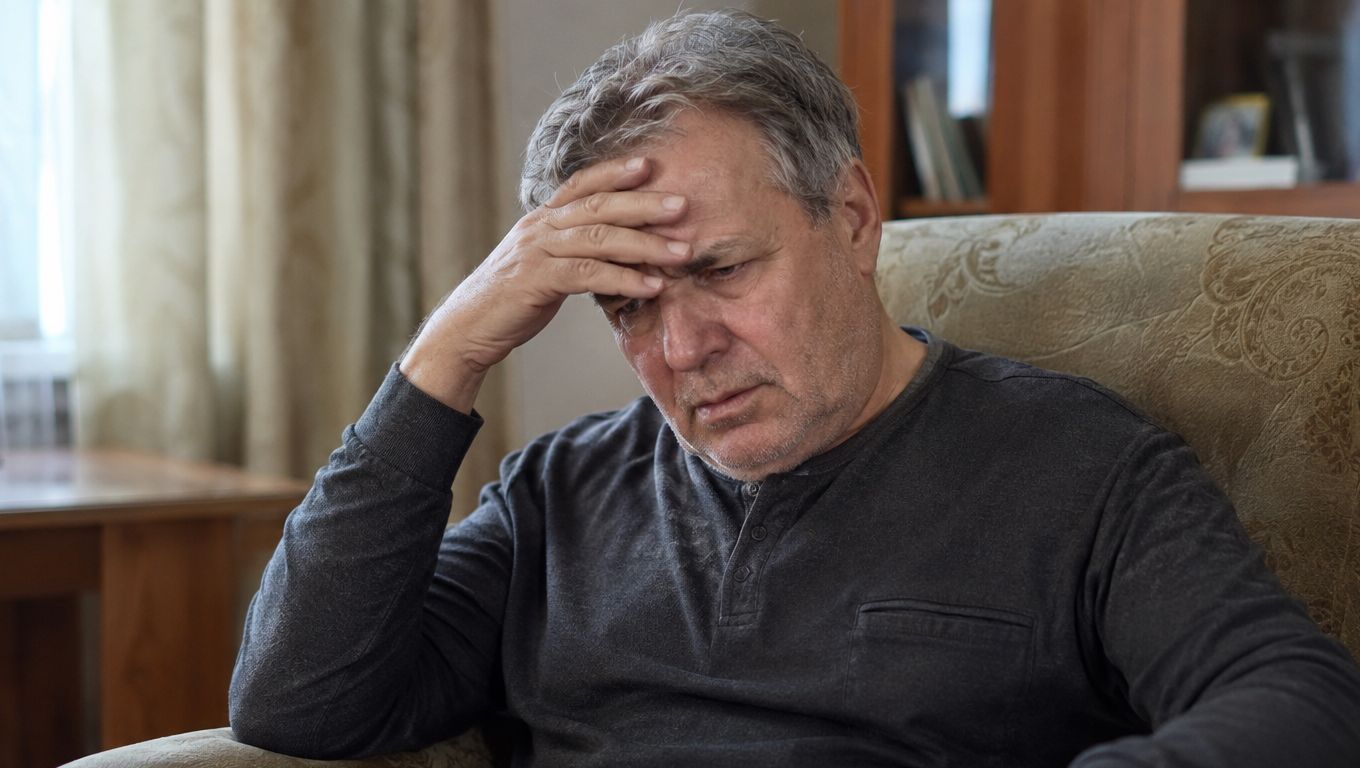 Нуждающийся в кодировании пожилой мужчина с деменцией сидит в кресле, держась рукой за голову
