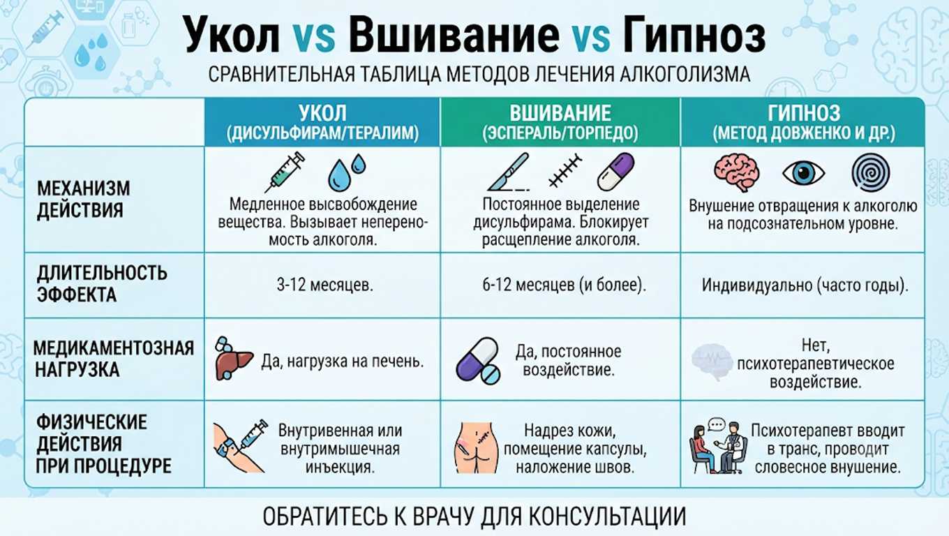 Сравнительная таблица методов лечения алкоголизма: укол, вшивание и гипноз.